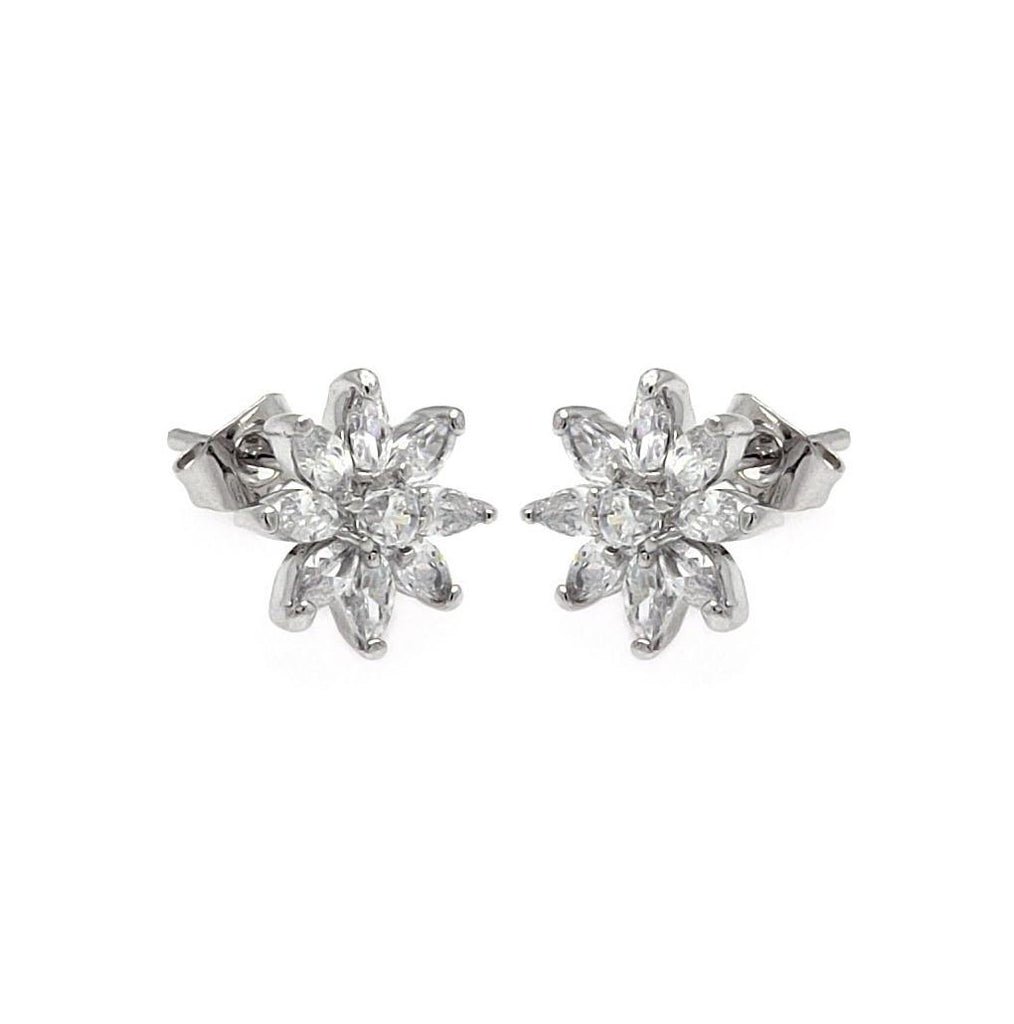 .925 Sterling Silver Rhodioum Plated Flower Cz Stud Earring