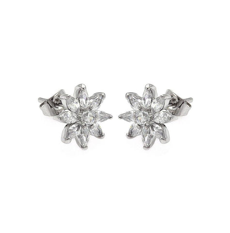 .925 Sterling Silver Rhodioum Plated Flower Cz Stud Earring