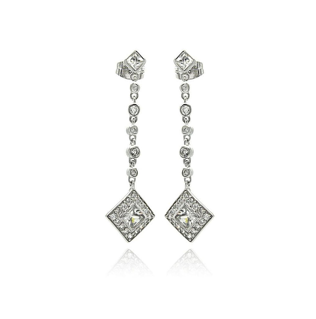 .925 Sterling Silver Rhodium Plated Square Round Cz Dangling Stud Earring