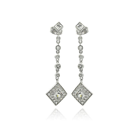 .925 Sterling Silver Rhodium Plated Square Round Cz Dangling Stud Earring