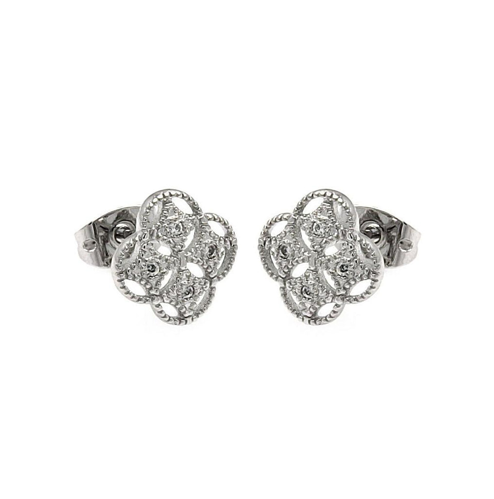 .925 Sterling Silver Rhodioum Plated Clover Cz Stud Earring