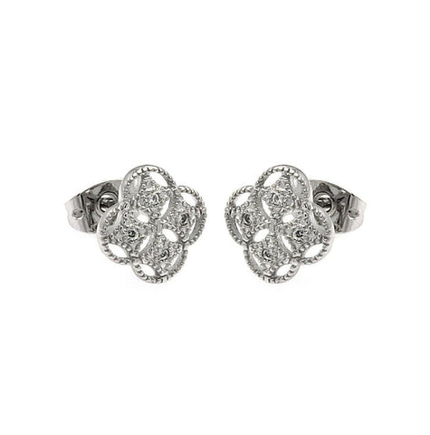 .925 Sterling Silver Rhodioum Plated Clover Cz Stud Earring