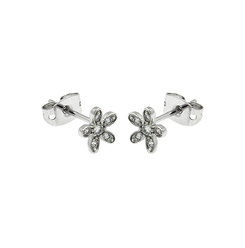 .925 Sterling Silver Rhodioum Plated Flower Cz Stud Earring