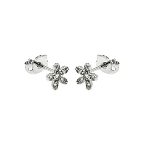 .925 Sterling Silver Rhodioum Plated Flower Cz Stud Earring