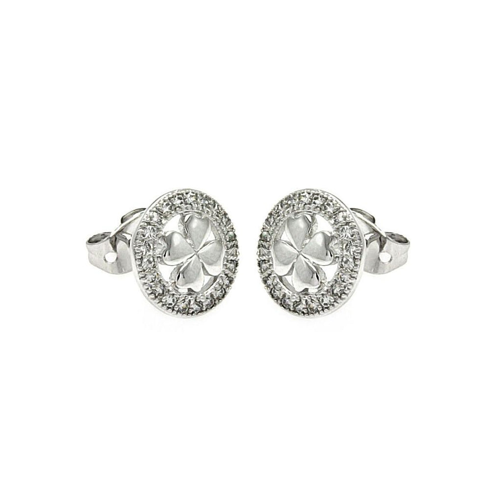 .925 Sterling Silver Rhodioum Plated Open Circle Clover Cz Stud Earring