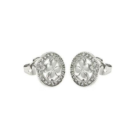 .925 Sterling Silver Rhodioum Plated Open Circle Clover Cz Stud Earring