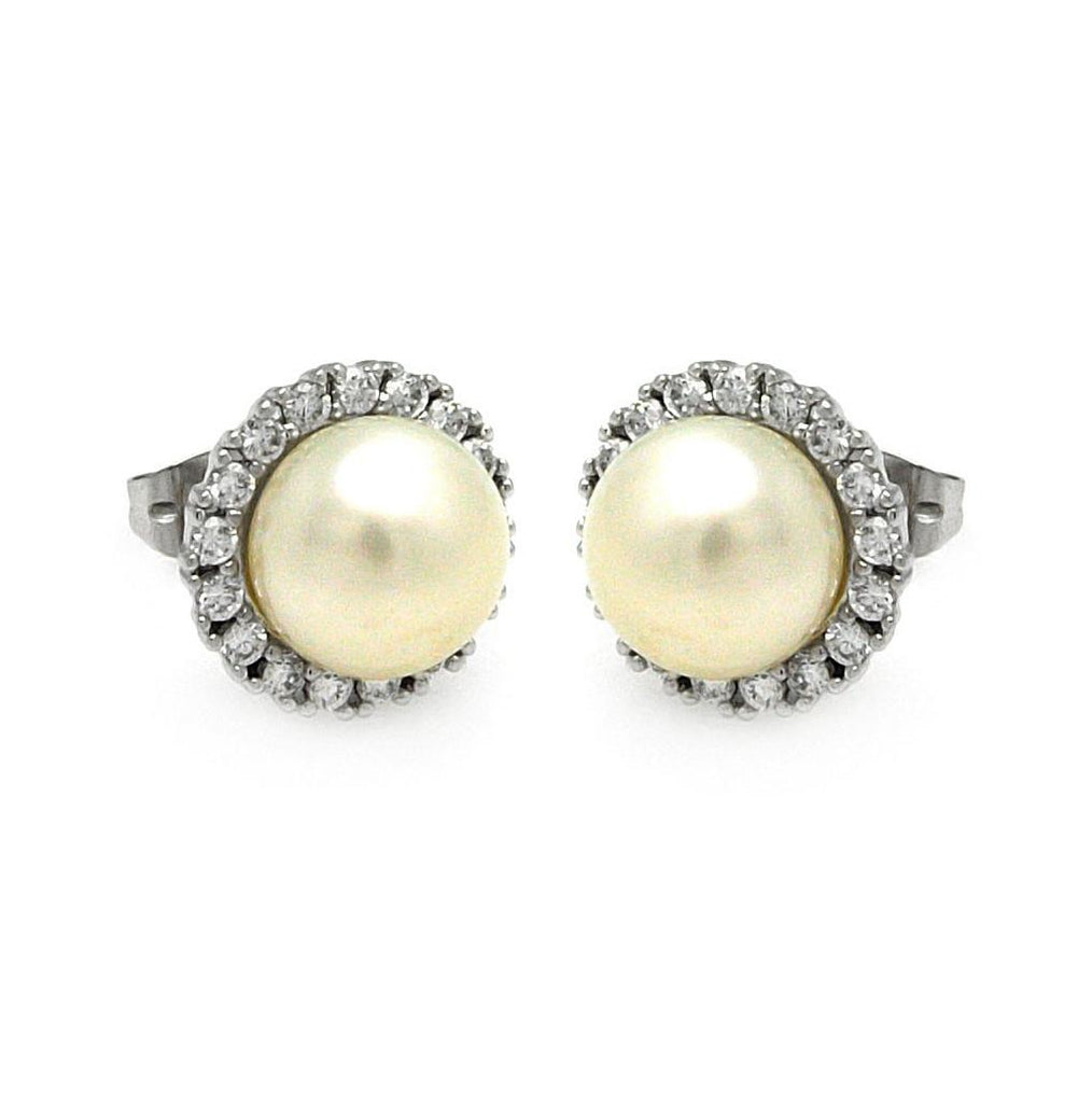 .925 Sterling Silver Rhodioum Plated Round Cz Center Fresh Water Pearl Stud Earring