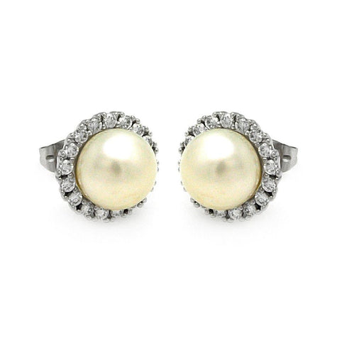 .925 Sterling Silver Rhodioum Plated Round Cz Center Fresh Water Pearl Stud Earring