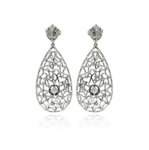 .925 Sterling Silver Rhodium Plated Teardrop Cz Dangling Stud Earring