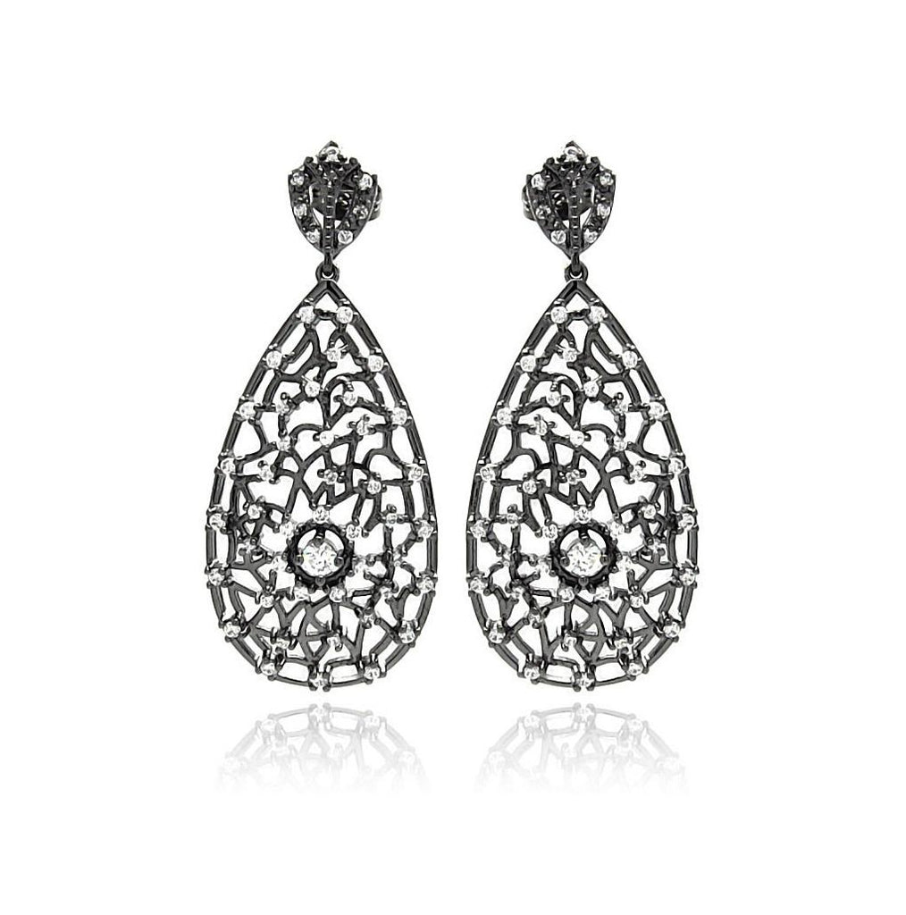 .925 Sterling Silver Black Rhodium Plated Teardrop Cz Dangling Stud Earring