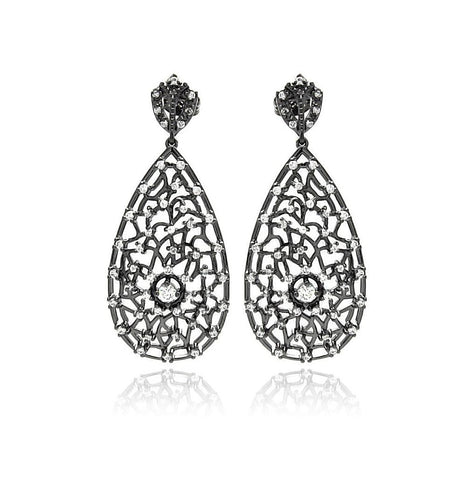 .925 Sterling Silver Black Rhodium Plated Teardrop Cz Dangling Stud Earring