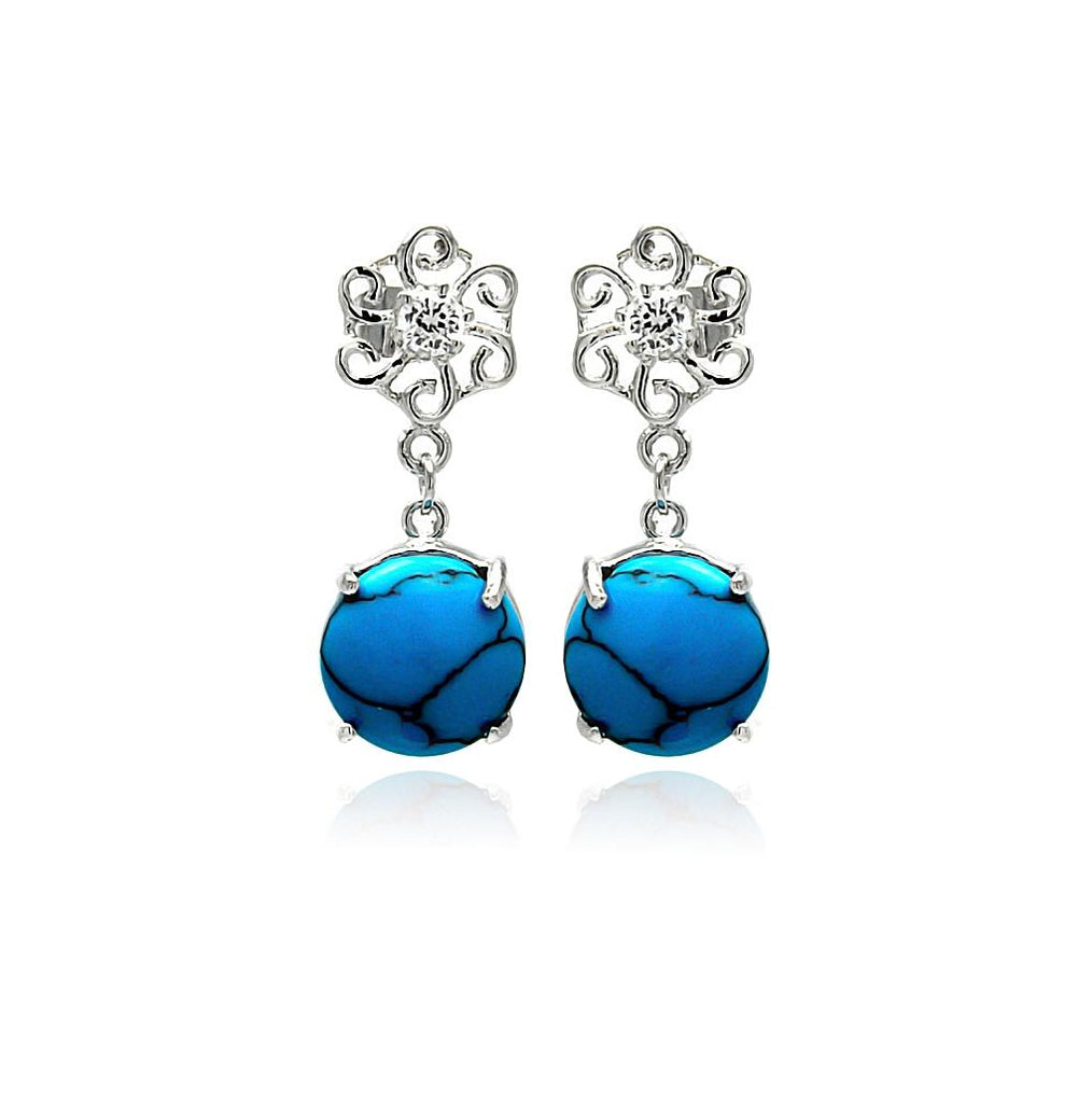 .925 Sterling Silver Rhodium Plated Turquoise Clear Cz Flower Dangling Stud Earring