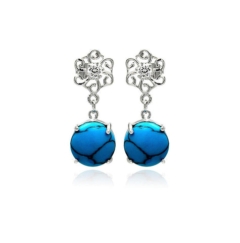 .925 Sterling Silver Rhodium Plated Turquoise Clear Cz Flower Dangling Stud Earring