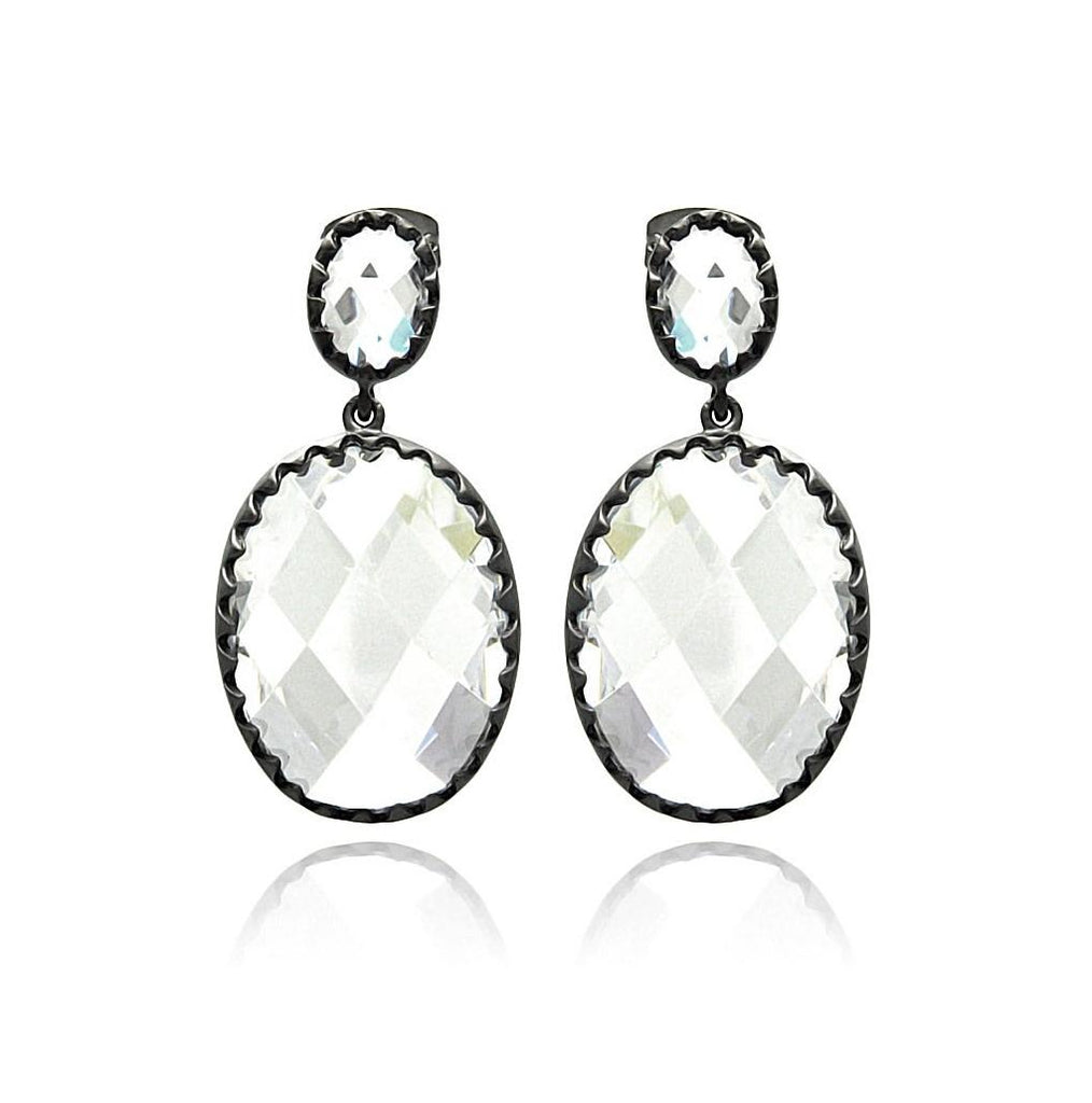 .925 Sterling Silver Rhodium Plated Round Black Matte Cz Dangling Earring