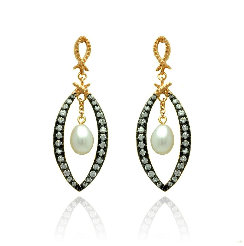 .925 Sterling Silver Black & Gold Plated Open Marquise Clear Cz Dangling Fresh Water Pearl Stud Earring