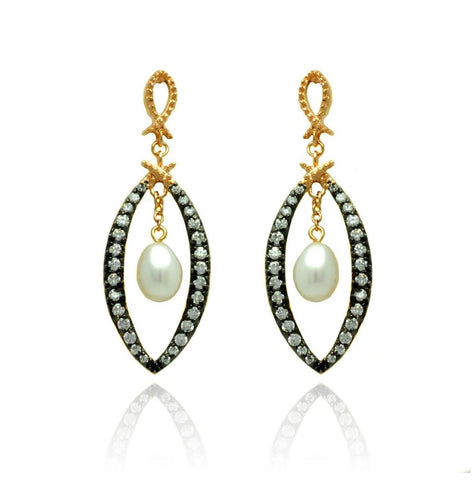 .925 Sterling Silver Black & Gold Plated Open Marquise Clear Cz Dangling Fresh Water Pearl Stud Earring