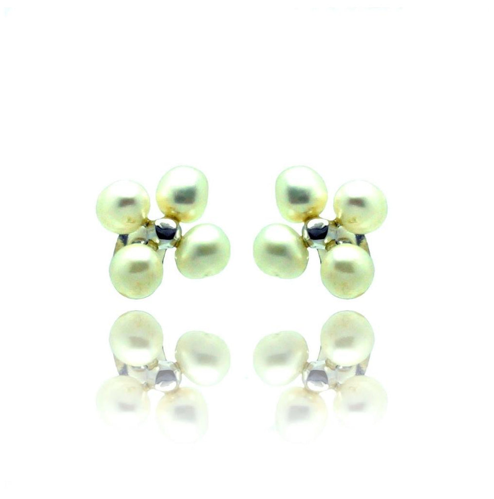 .925 Sterling Silver Rhodioum Plated Flower Fresh Water Pearl Stud Earring