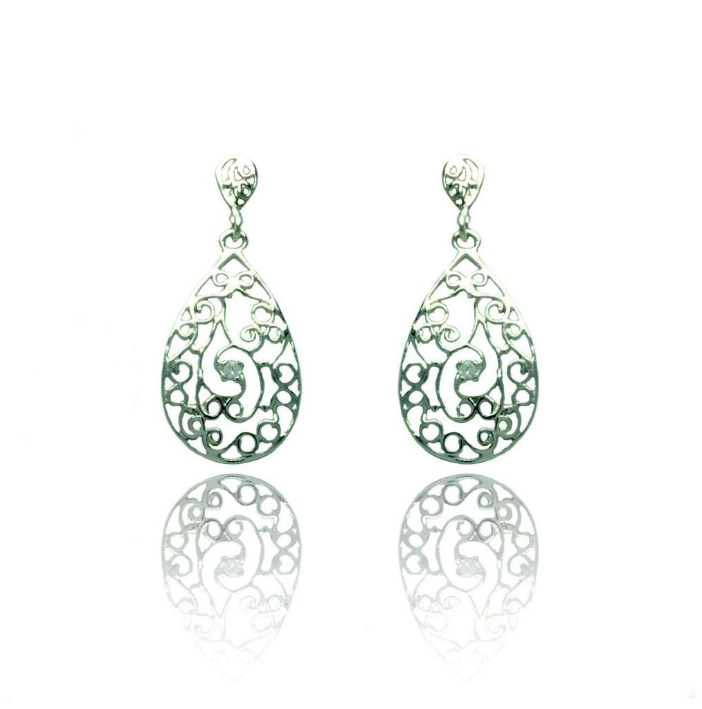 .925 Sterling Silver Rhodium Plated Teardrop Filigree Dangling Earring