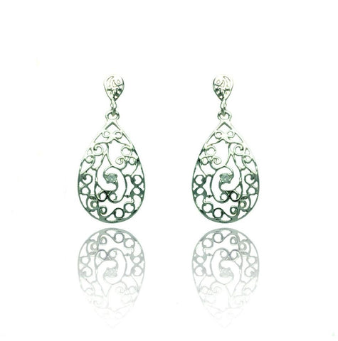 .925 Sterling Silver Rhodium Plated Teardrop Filigree Dangling Earring