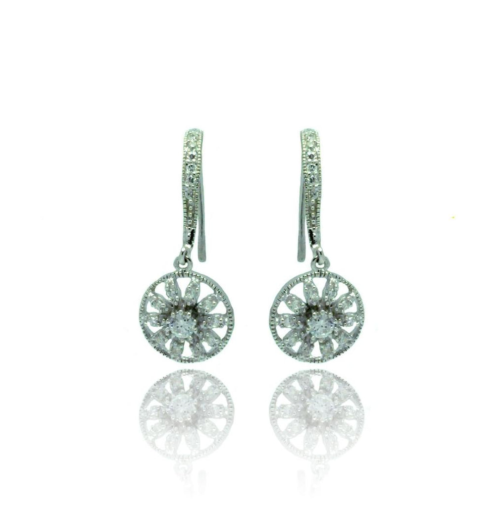 .925 Sterling Silver Rhodium Plated Flower Cz Dangling Hook Earring