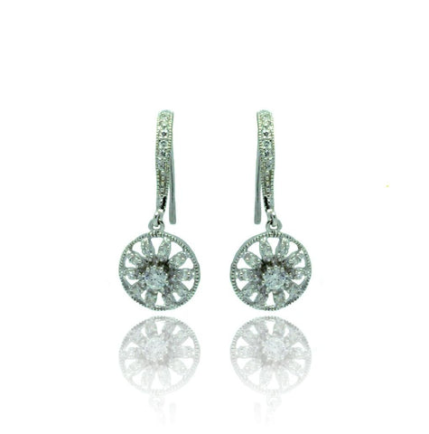 .925 Sterling Silver Rhodium Plated Flower Cz Dangling Hook Earring