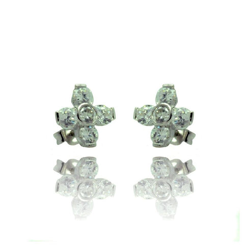 .925 Sterling Silver Rhodium Plated Flower Cz Stud Earring