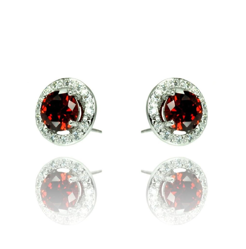 .925 Sterling Silver Rhodium Plated Red & Clear Round Pave Cz Stud Earring