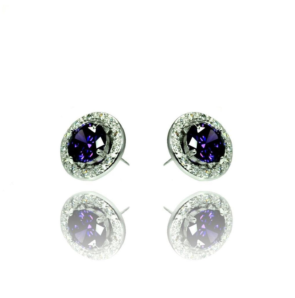 .925 Sterling Silver Rhodium Plated Purple & Clear Round Cz Stud Earring