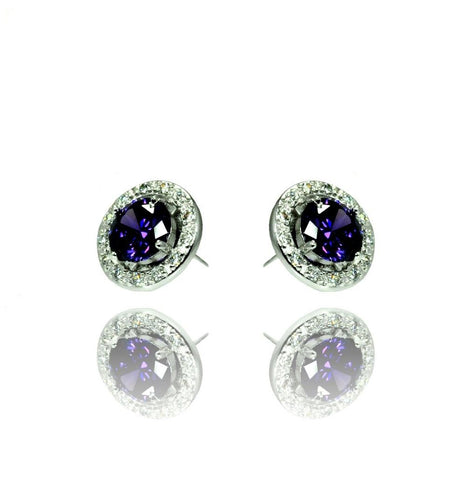 .925 Sterling Silver Rhodium Plated Purple & Clear Round Cz Stud Earring