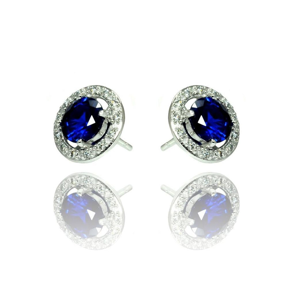 .925 Sterling Silver Rhodium Plated Blue & Clear Round Pave Cz Stud Earring