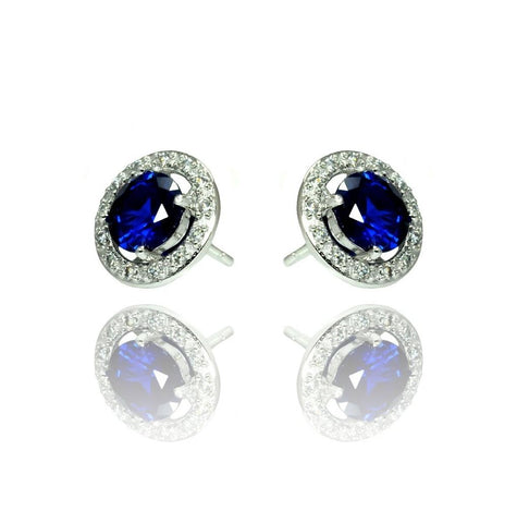 .925 Sterling Silver Rhodium Plated Blue & Clear Round Pave Cz Stud Earring