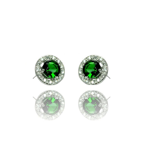 .925 Sterling Silver Rhodium Plated Green & Clear Round Pave Cz Stud Earring