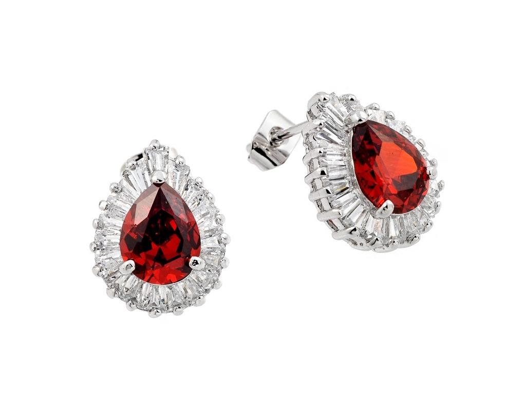 .925 Sterling Silver Rhodium Plated Teardrop Red & Clear Pave Baguette Cz Stud Earring