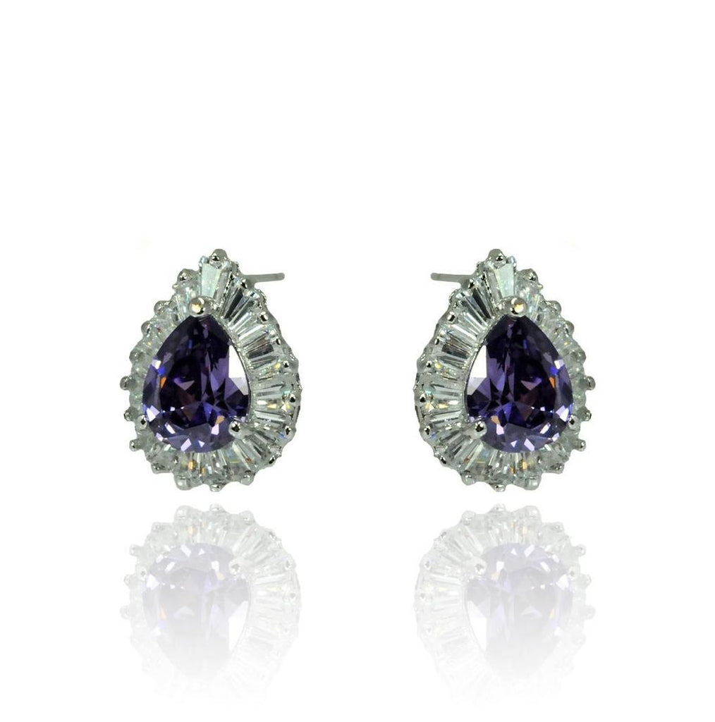 .925 Sterling Silver Rhodioum Plated Teardrop Purple Baguette Clear Cz Stud Earring