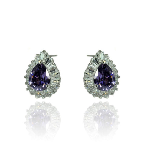 .925 Sterling Silver Rhodioum Plated Teardrop Purple Baguette Clear Cz Stud Earring