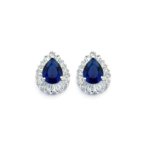 .925 Sterling Silver Rhodioum Plated Clear & Blue Teardrop Baguette Cz Stud Earring