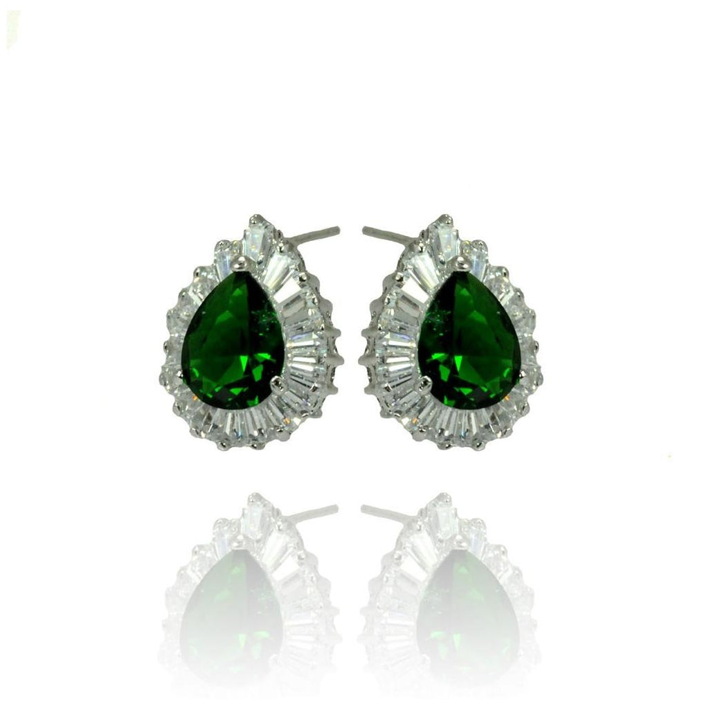 .925 Sterling Silver Rhodioum Plated Clear & Green Teardrop Baguette Cz Stud Earring