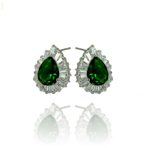 .925 Sterling Silver Rhodioum Plated Clear & Green Teardrop Baguette Cz Stud Earring