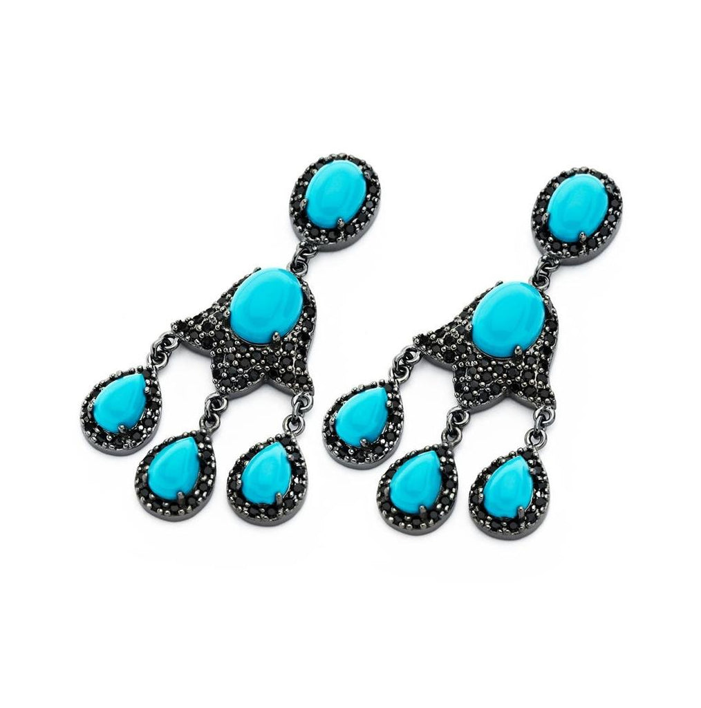 .925 Sterling Silver Black Rhodium Plated Cz Teardrop Turquoise Three Wire Strand Earring