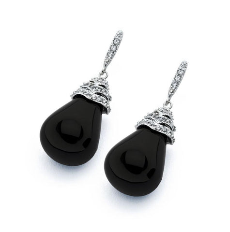 .925 Sterling Silver Rhodium Plated Black Pear Teardrop Cz Dangling Stud Earring