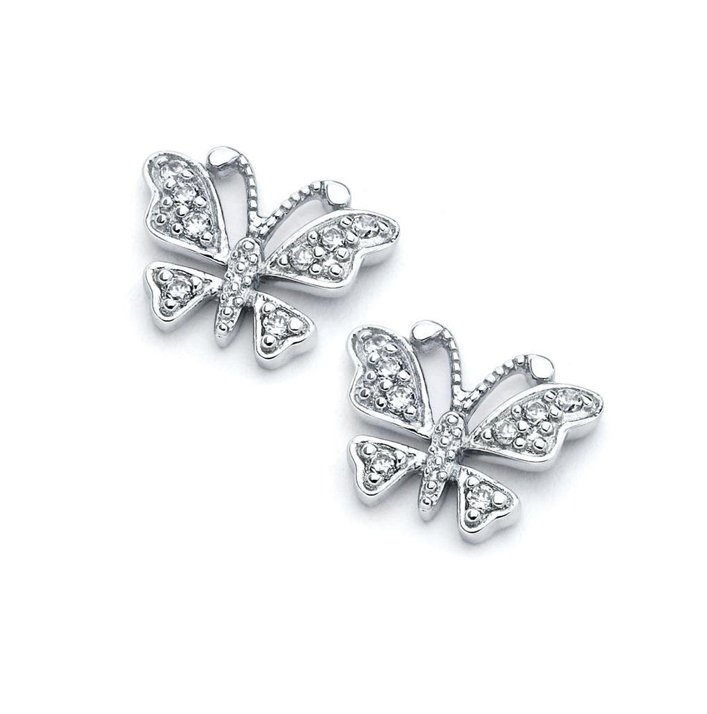 .925 Sterling Silver Rhodioum Plated Open Butterfly Cz Stud Earring