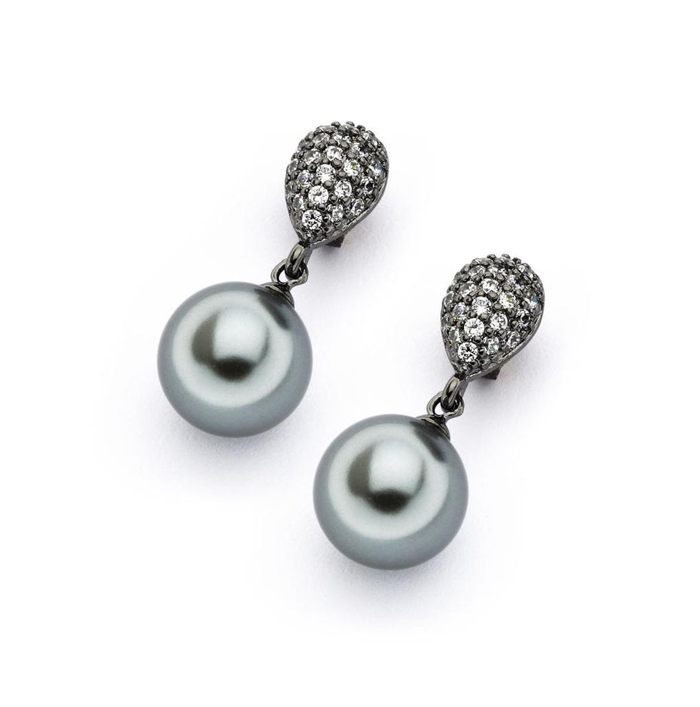 .925 Sterling Silver Black Rhodium Plated Cz Synthetic Black Pearl Dangling Earring