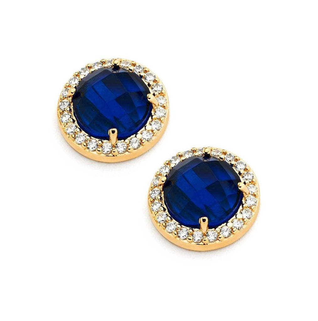 .925 Sterling Silver Gold Plated Blue Center Clear Outline Cz Stud Earring