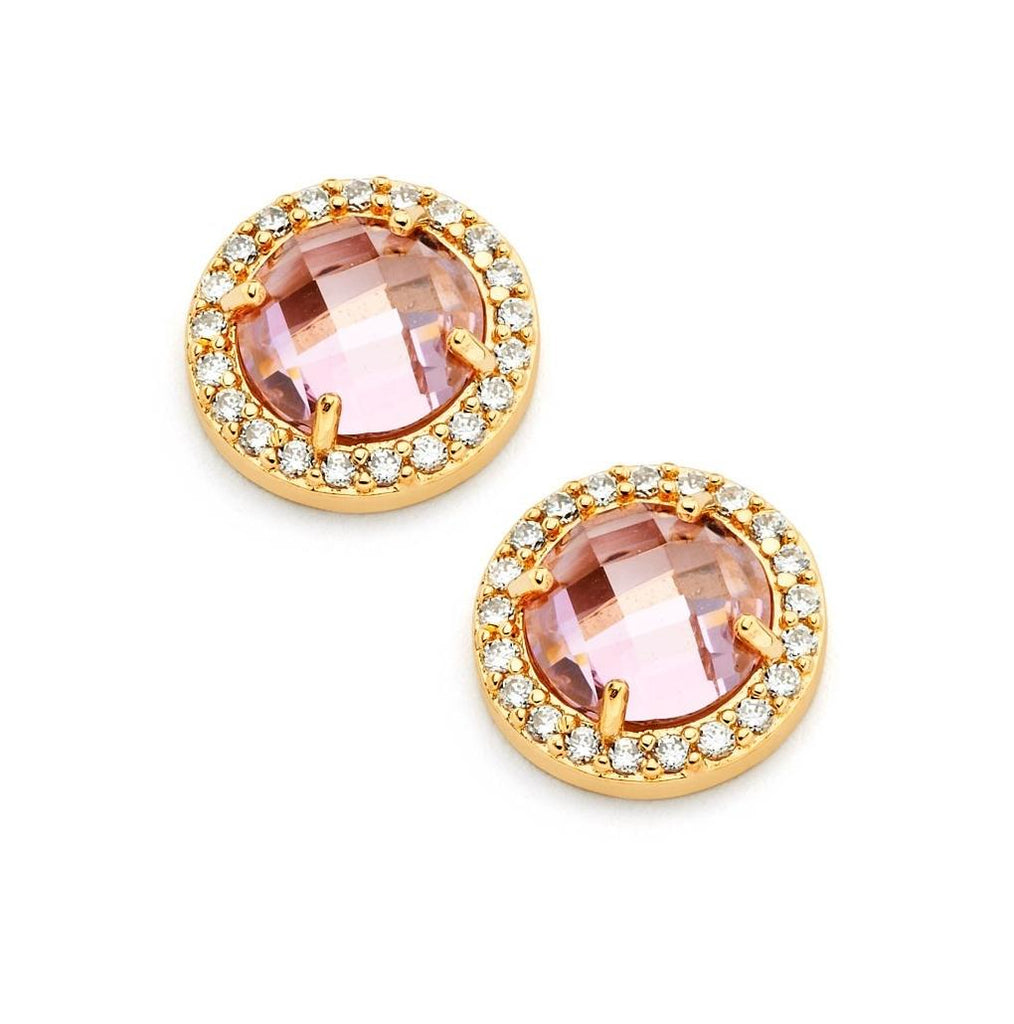 .925 Sterling Silver Gold Plated Pink Center Clear Outline Cz Stud Earring