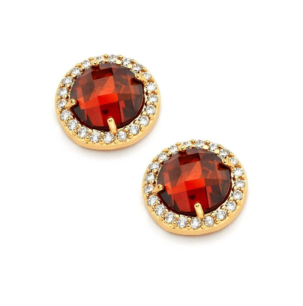 .925 Sterling Silver Gold Plated Red Center Clear Outline Cz Stud Earring