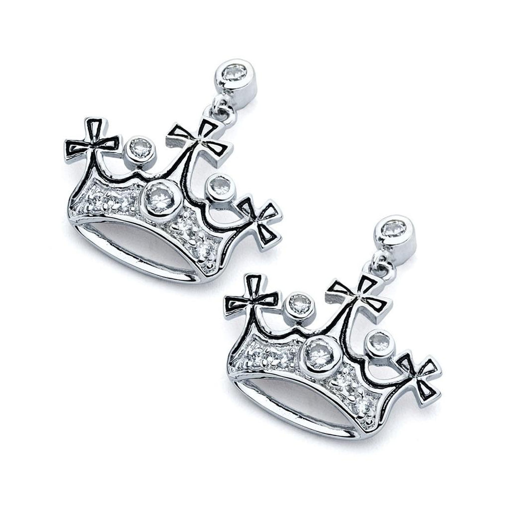 .925 Sterling Silver Rhodium Plated Crown Cz Inlay Dangling Stud Earring