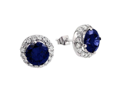 .925 Sterling Silver Rhodium Plated Blue Round Cz Stud Earring