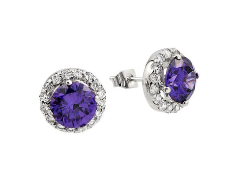 .925 Sterling Silver Rhodium Plated Round Purple Cz Stud Earring