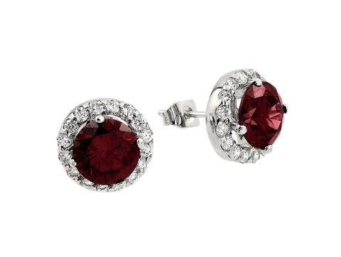 .925 Sterling Silver Rhodium Plated Round Red Cz Stud Earring