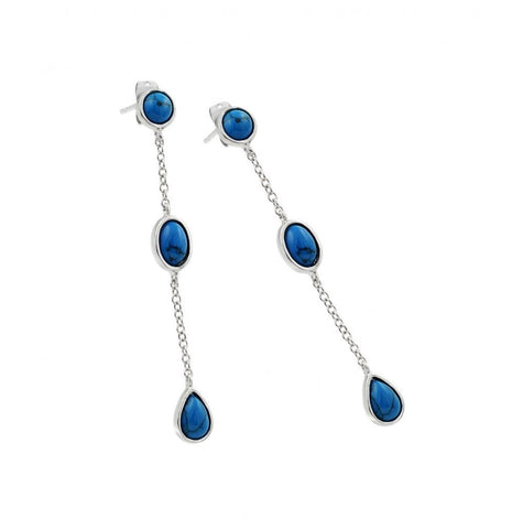 .925 Sterling Silver Rhodium Plated Three Oval Blue Cz Wire Dangling Stud Earring